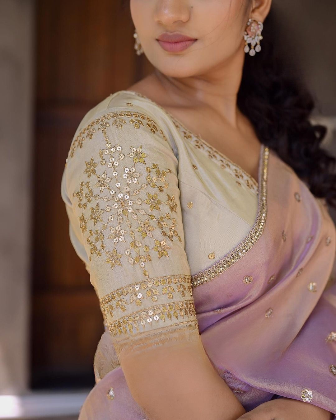 Designer Gold Flame Saree with Sequin Embroidery & Stitched Silk Blouse