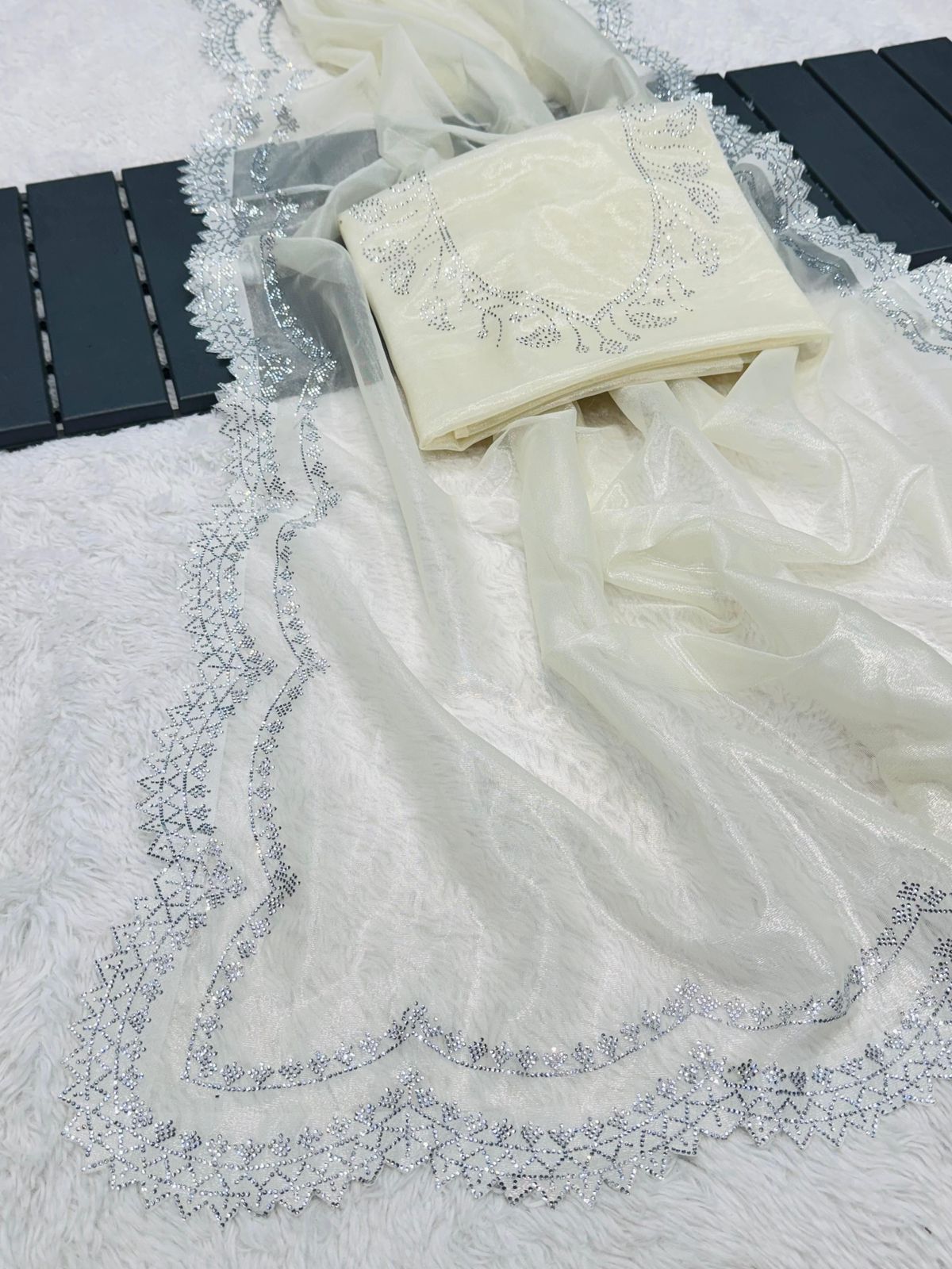 Rich Tissue Twill Net Saree with Diamond Cut Work & Rich Diamond Work Blouse YNF