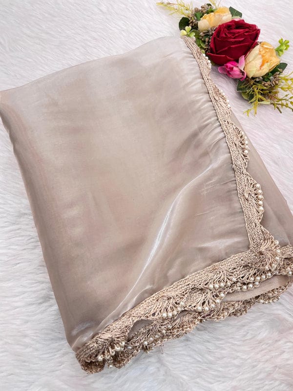 Jimichu Fabric Saree with Pearl Dori & Golden Lace Border – Elegant Tissue Drape with Running Blouse YNF