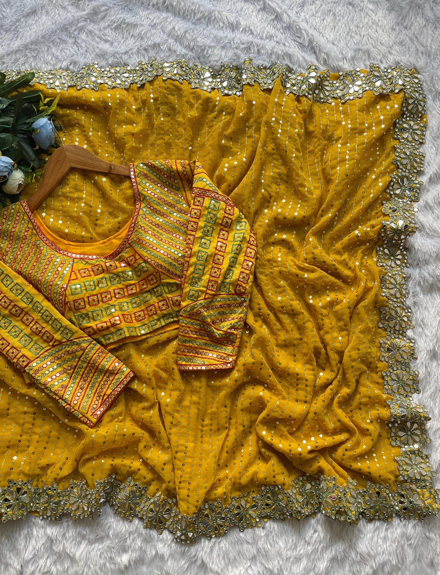 Designer Georgette Saree with Real Mirror & Sequin Embroidery – Stitched Blouse Included YNF