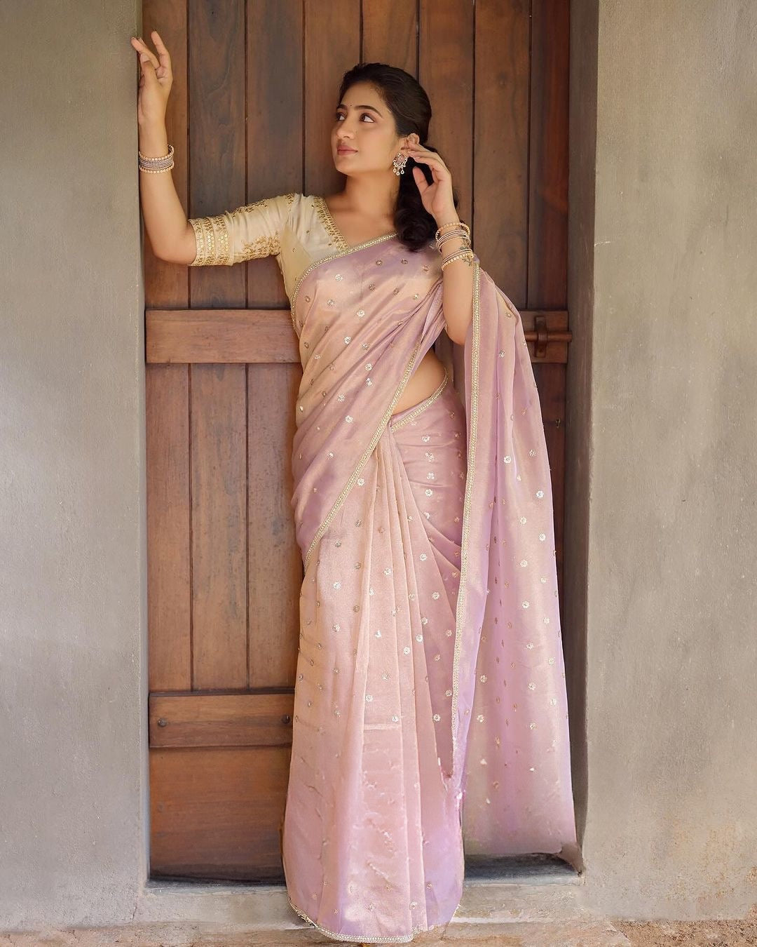 Designer Gold Flame Saree with Sequin Embroidery & Stitched Silk Blouse