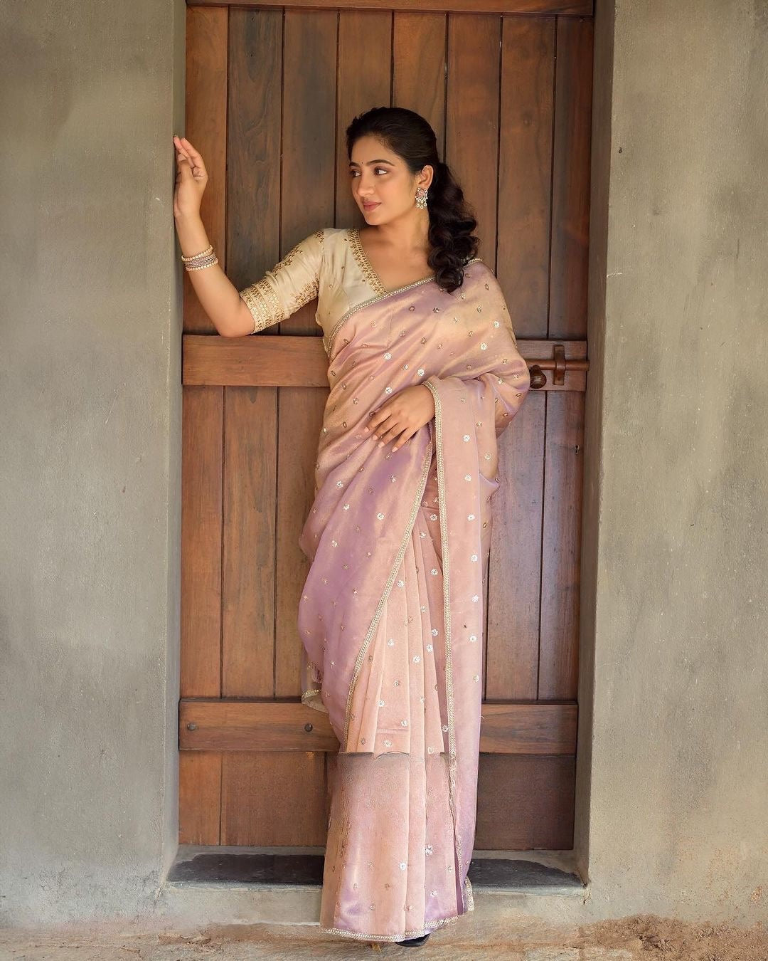 Designer Gold Flame Saree with Sequin Embroidery & Stitched Silk Blouse