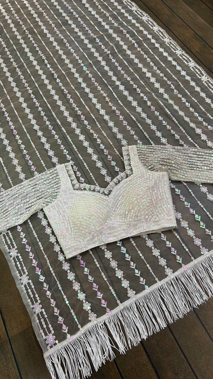 Designer Net Saree with Milky Rainbow Sequin & Thread Work, Satin Inner & Jhalar Border YNF