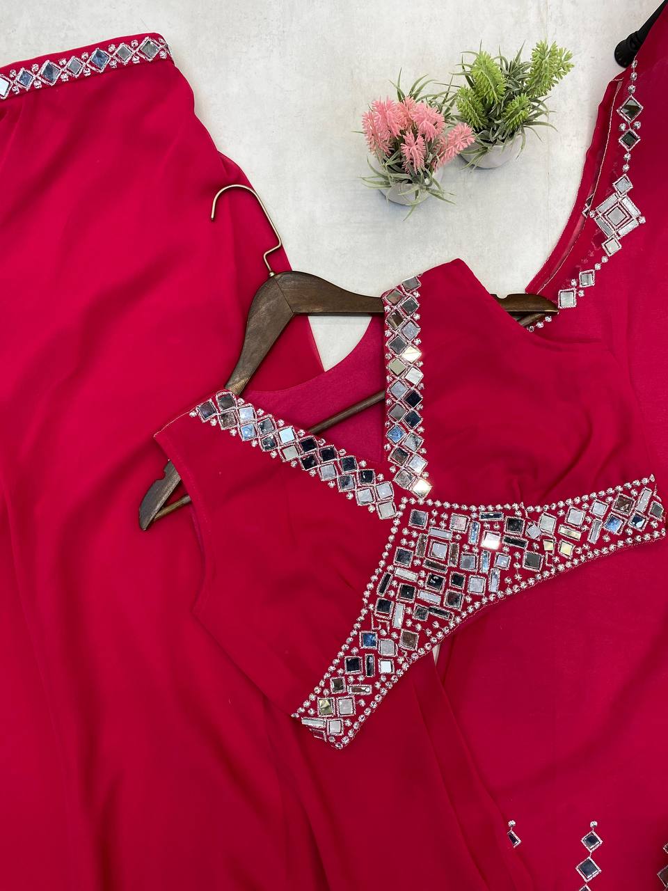 Designer Georgette 3-Piece Set with Mirror Work Shrug & Circular Plazzo | Elegant Ethnic Fusion Wear YNF