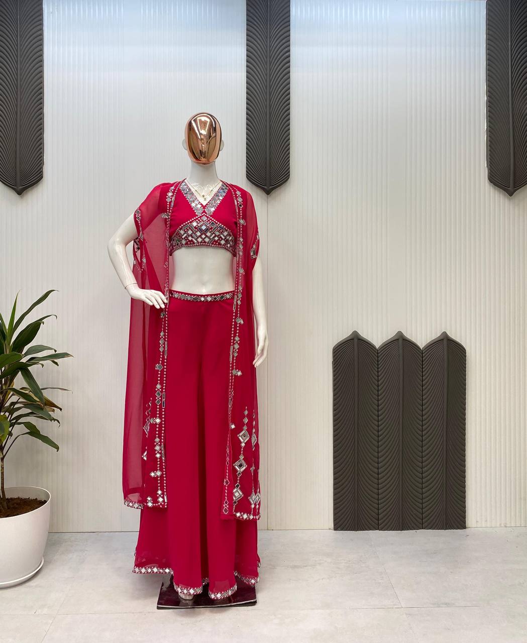 Designer Georgette 3-Piece Set with Mirror Work Shrug & Circular Plazzo | Elegant Ethnic Fusion Wear YNF