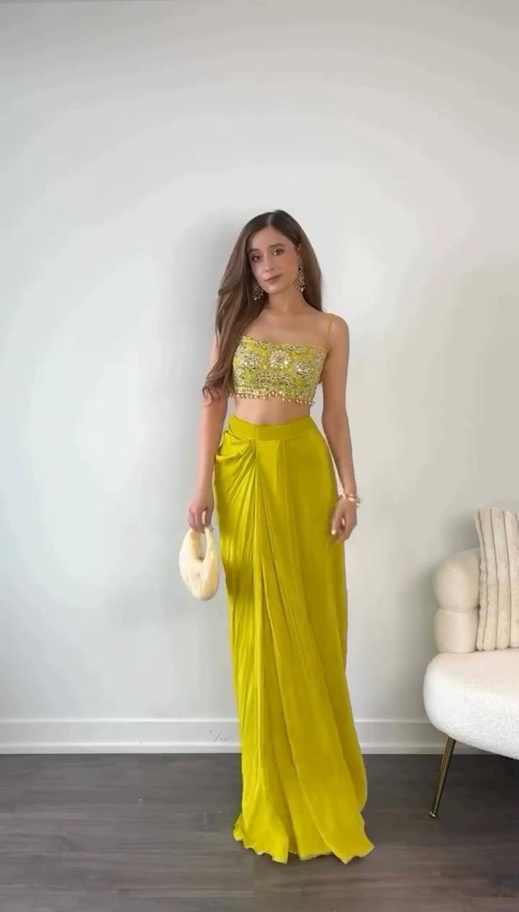 Chinon Silk Choli with Dhoti & Butterfly Net Shrug ā Thread & 9mm Sequin Work YNF