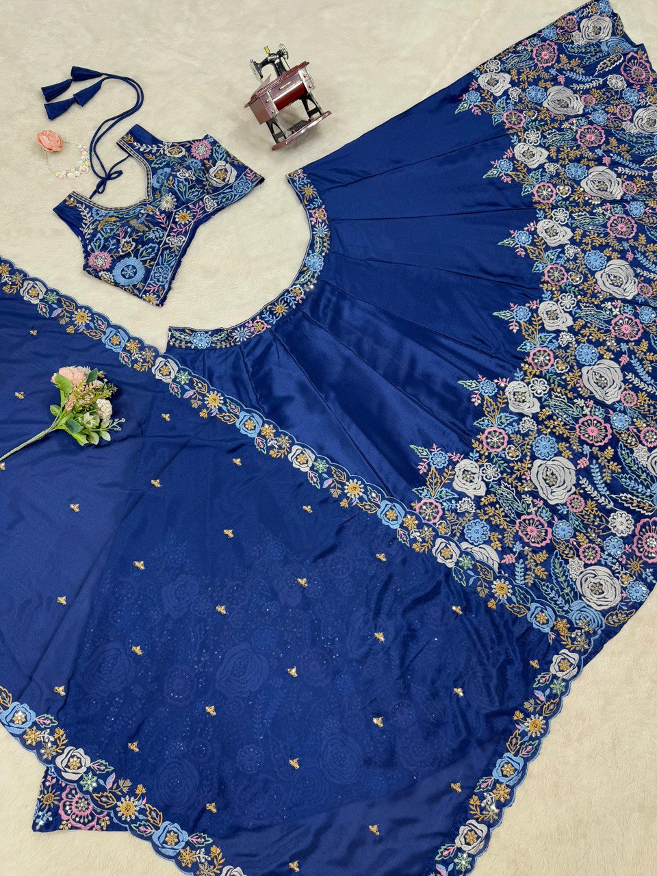 signer Heavy Chinon Silk Lehenga Set with Thread & Sequin Work | 4M Flare with Cancan | Unstitched Choli & Dupatta with Cutwork Border YNF
