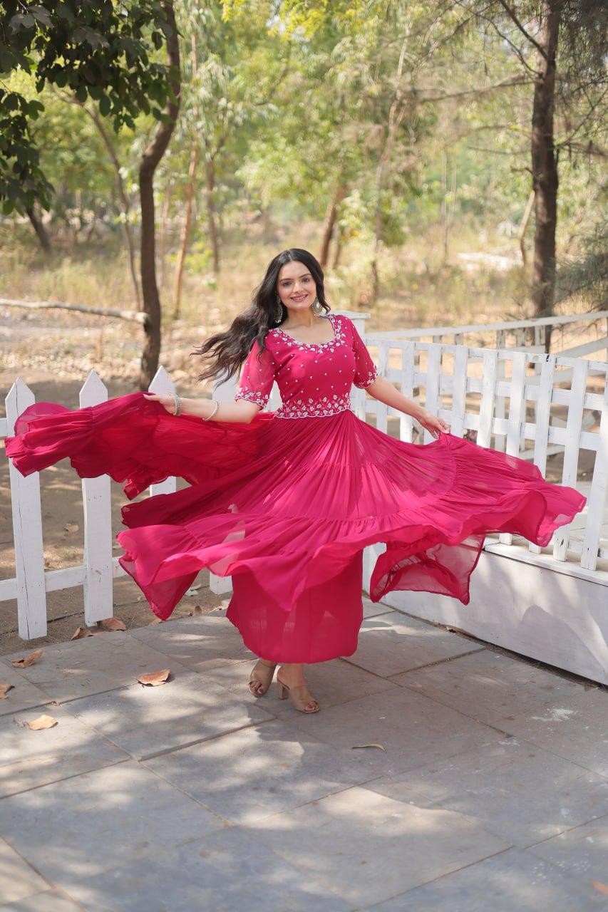 12-Meter Flair Faux Blooming Gown with Beads Embroidery β Round Neck | Sizes M to XXL YNF
