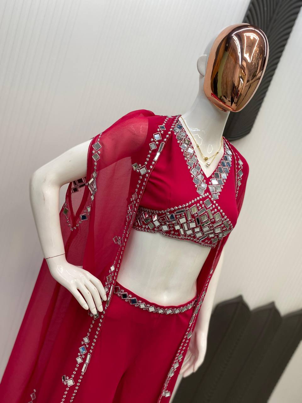 Designer Georgette 3-Piece Set with Mirror Work Shrug & Circular Plazzo | Elegant Ethnic Fusion Wear YNF