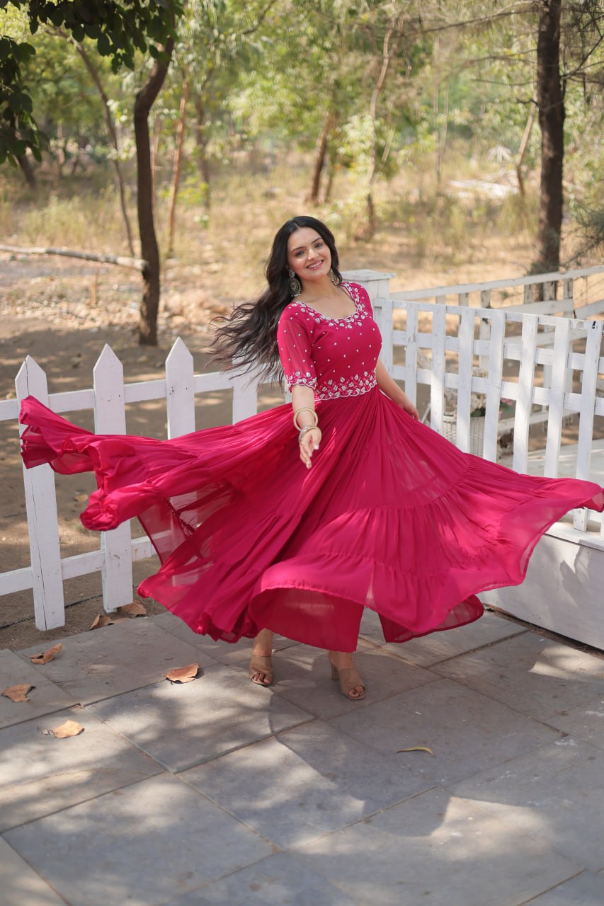 12-Meter Flair Faux Blooming Gown with Beads Embroidery β Round Neck | Sizes M to XXL YNF