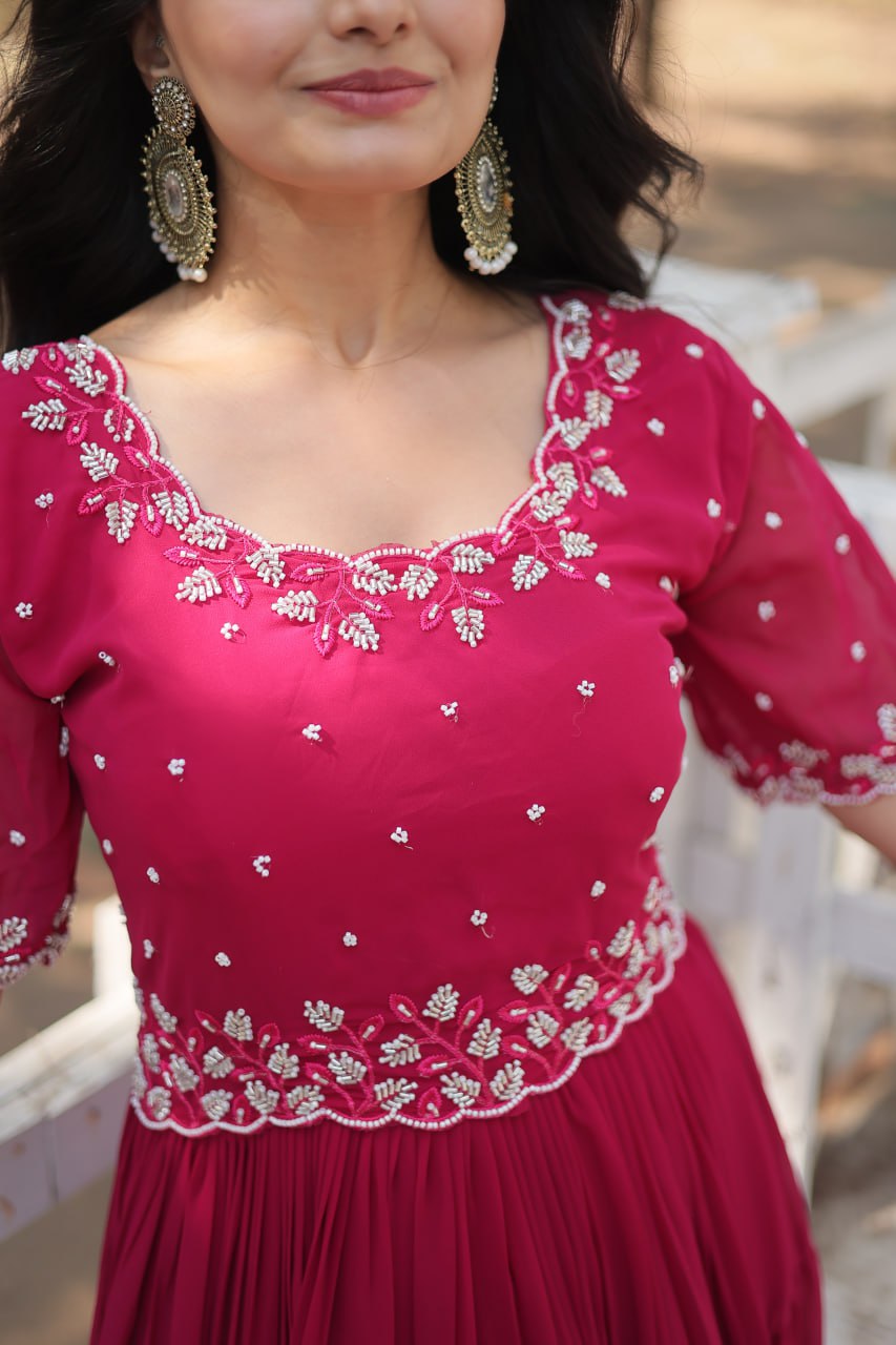 12-Meter Flair Faux Blooming Gown with Beads Embroidery β Round Neck | Sizes M to XXL YNF
