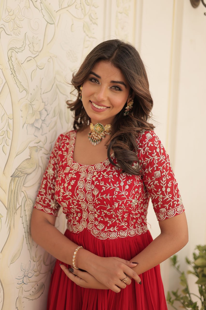 Embroidered Faux Blooming Gown – Zari & Sequin Work | Round Neck | Sizes M to XXL YNF