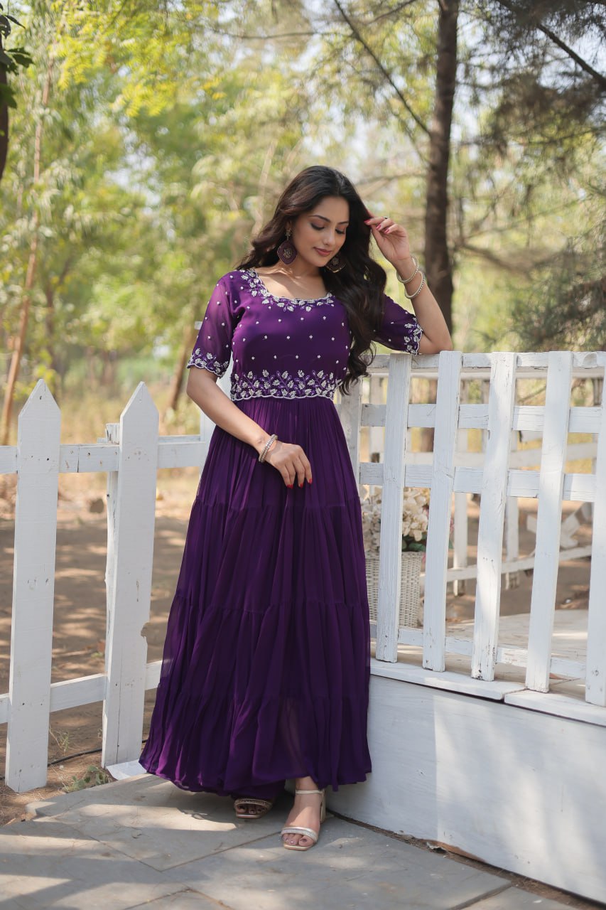 12-Meter Flair Faux Blooming Gown with Beads Embroidery β Round Neck | Sizes M to XXL YNF