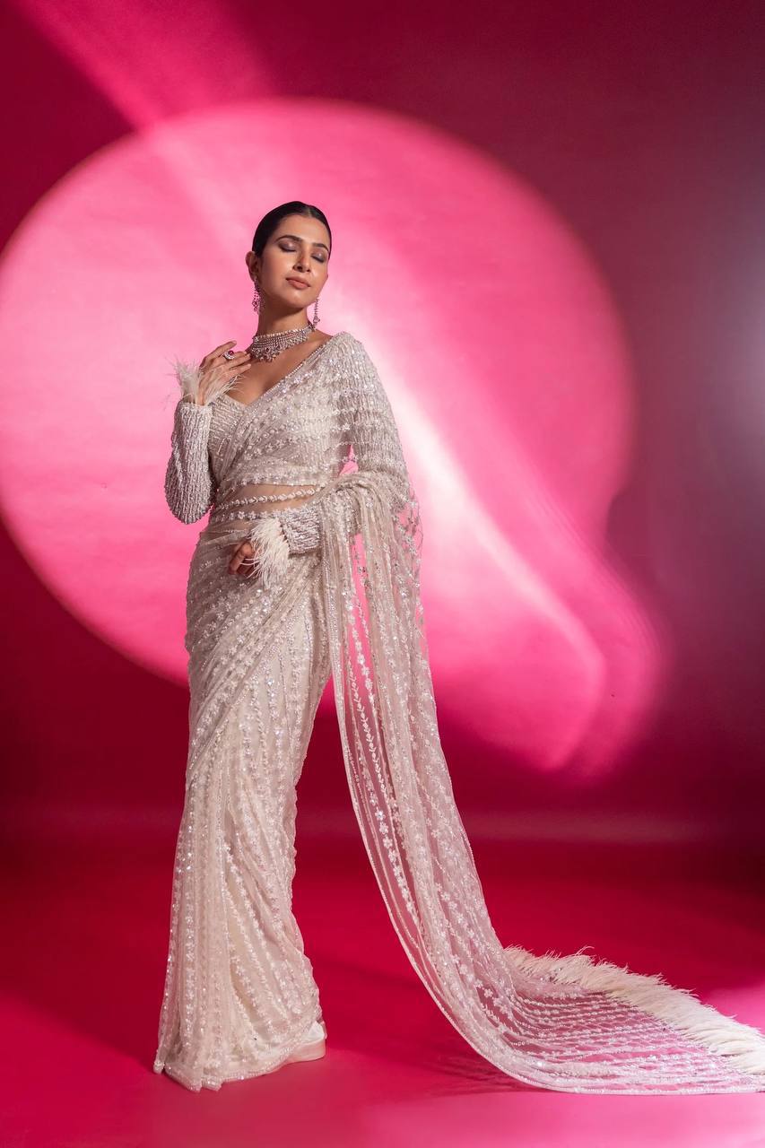 Designer Net Saree with Milky Rainbow Sequin & Thread Work, Satin Inner & Jhalar Border YNF
