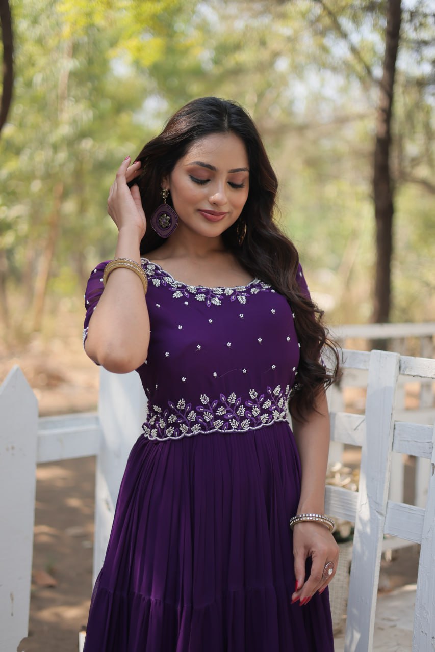 12-Meter Flair Faux Blooming Gown with Beads Embroidery β Round Neck | Sizes M to XXL YNF
