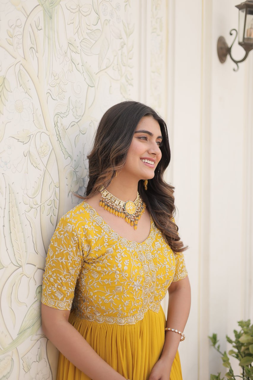 Embroidered Faux Blooming Gown – Zari & Sequin Work | Round Neck | Sizes M to XXL YNF