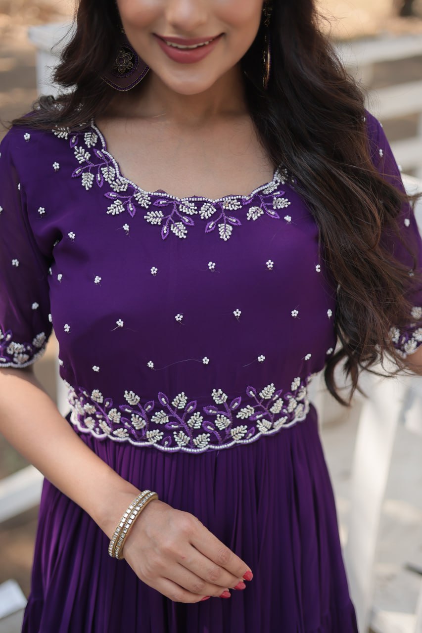 12-Meter Flair Faux Blooming Gown with Beads Embroidery β Round Neck | Sizes M to XXL YNF