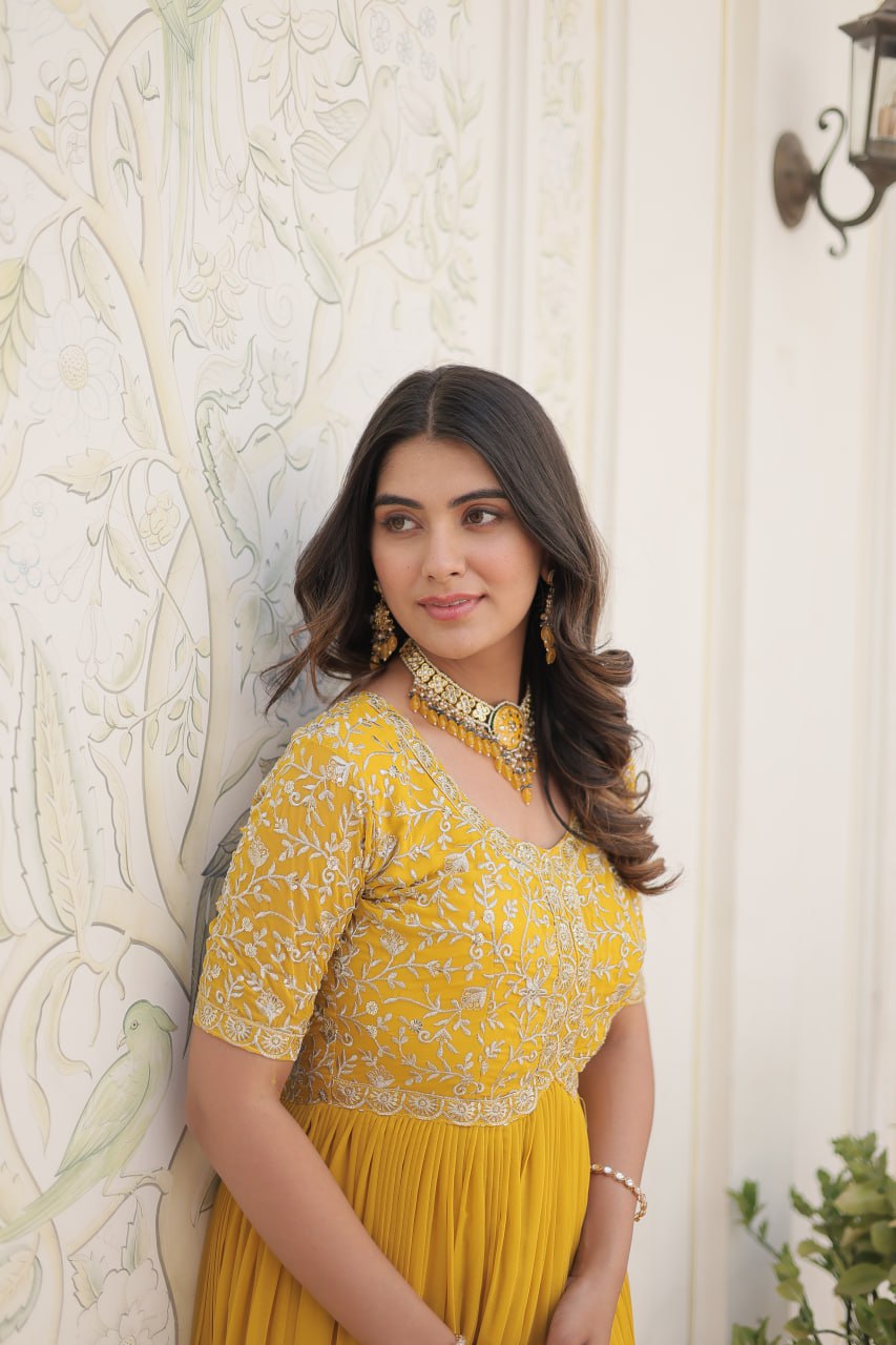 Embroidered Faux Blooming Gown – Zari & Sequin Work | Round Neck | Sizes M to XXL YNF