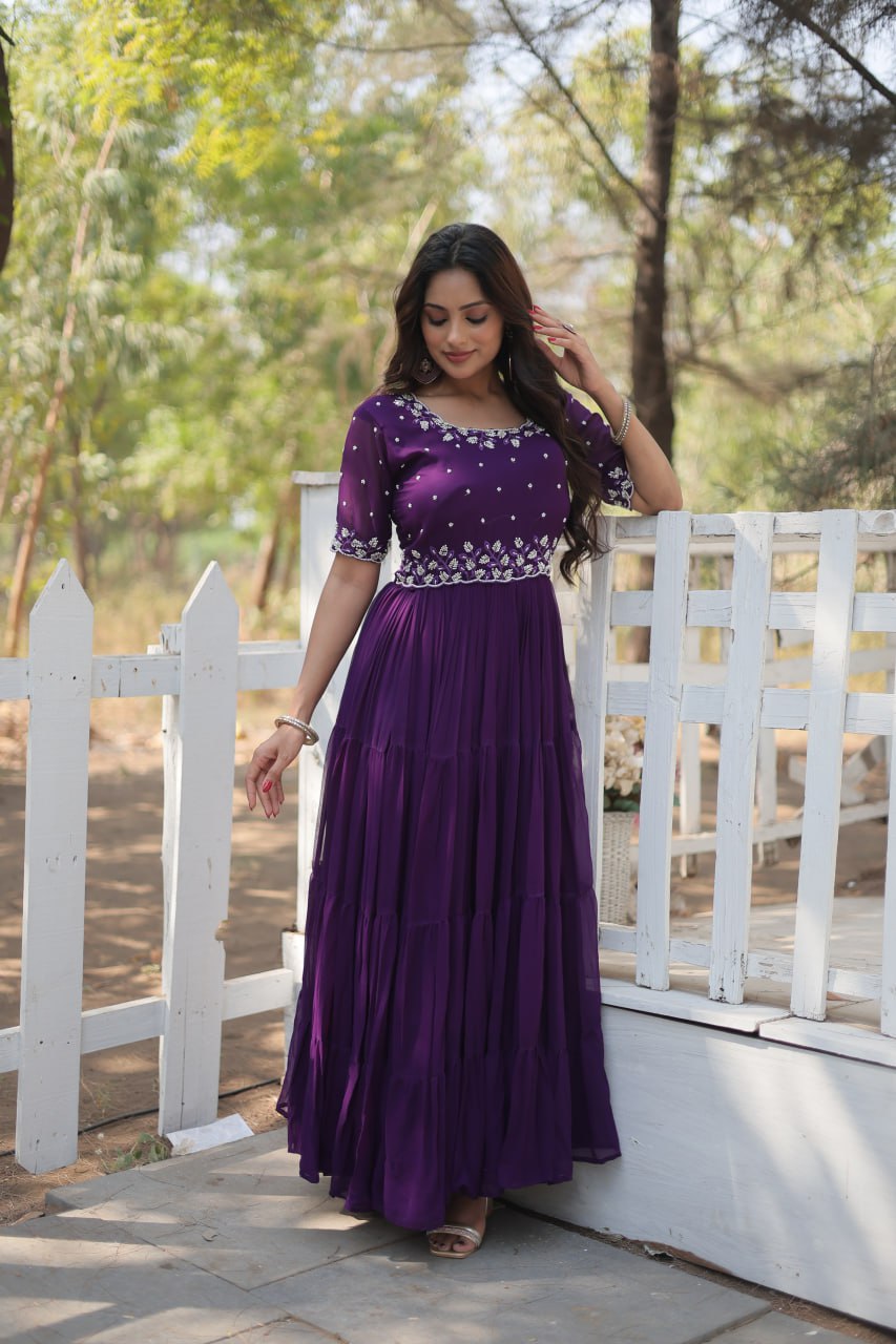 12-Meter Flair Faux Blooming Gown with Beads Embroidery β Round Neck | Sizes M to XXL YNF