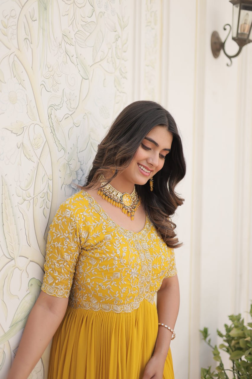 Embroidered Faux Blooming Gown – Zari & Sequin Work | Round Neck | Sizes M to XXL YNF