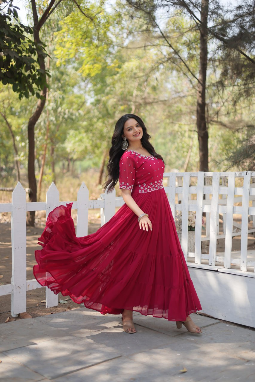 12-Meter Flair Faux Blooming Gown with Beads Embroidery β Round Neck | Sizes M to XXL YNF