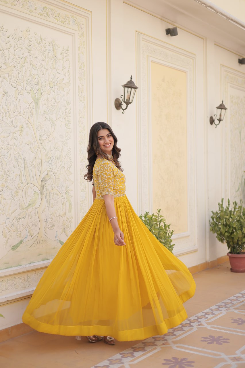 Embroidered Faux Blooming Gown – Zari & Sequin Work | Round Neck | Sizes M to XXL YNF