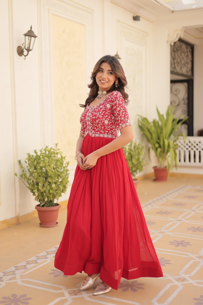 Embroidered Faux Blooming Gown – Zari & Sequin Work | Round Neck | Sizes M to XXL YNF
