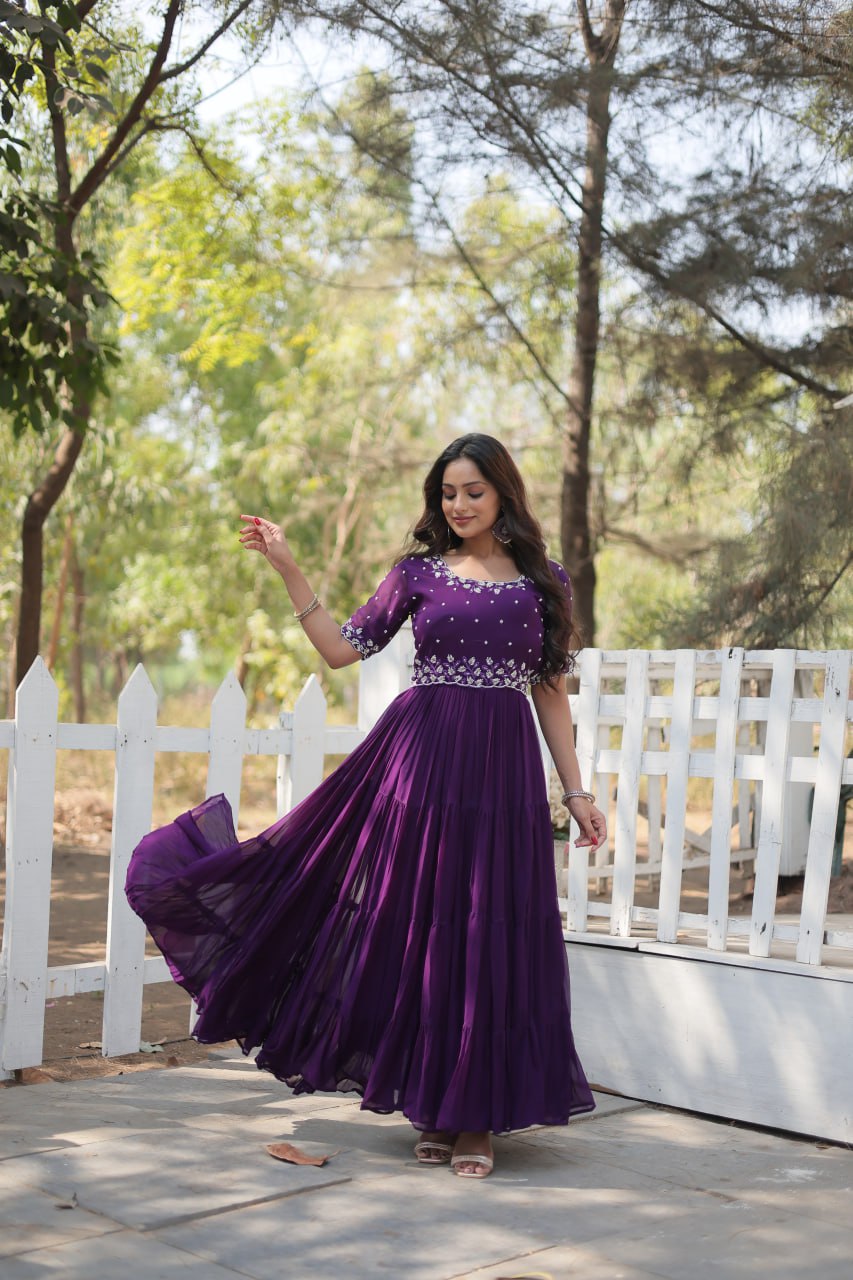 12-Meter Flair Faux Blooming Gown with Beads Embroidery β Round Neck | Sizes M to XXL YNF