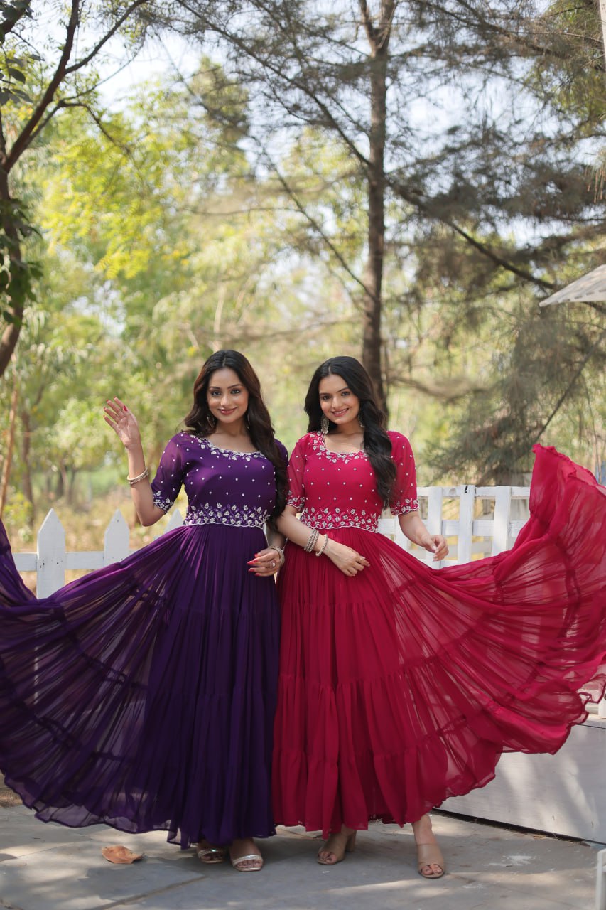 12-Meter Flair Faux Blooming Gown with Beads Embroidery β Round Neck | Sizes M to XXL YNF