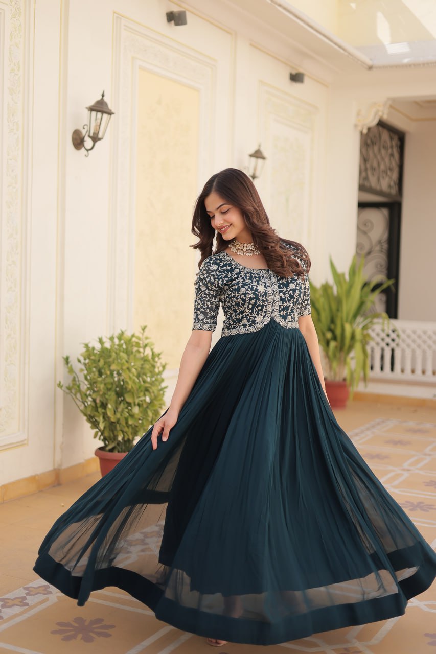 Embroidered Faux Blooming Gown – Zari & Sequin Work | Round Neck | Sizes M to XXL YNF