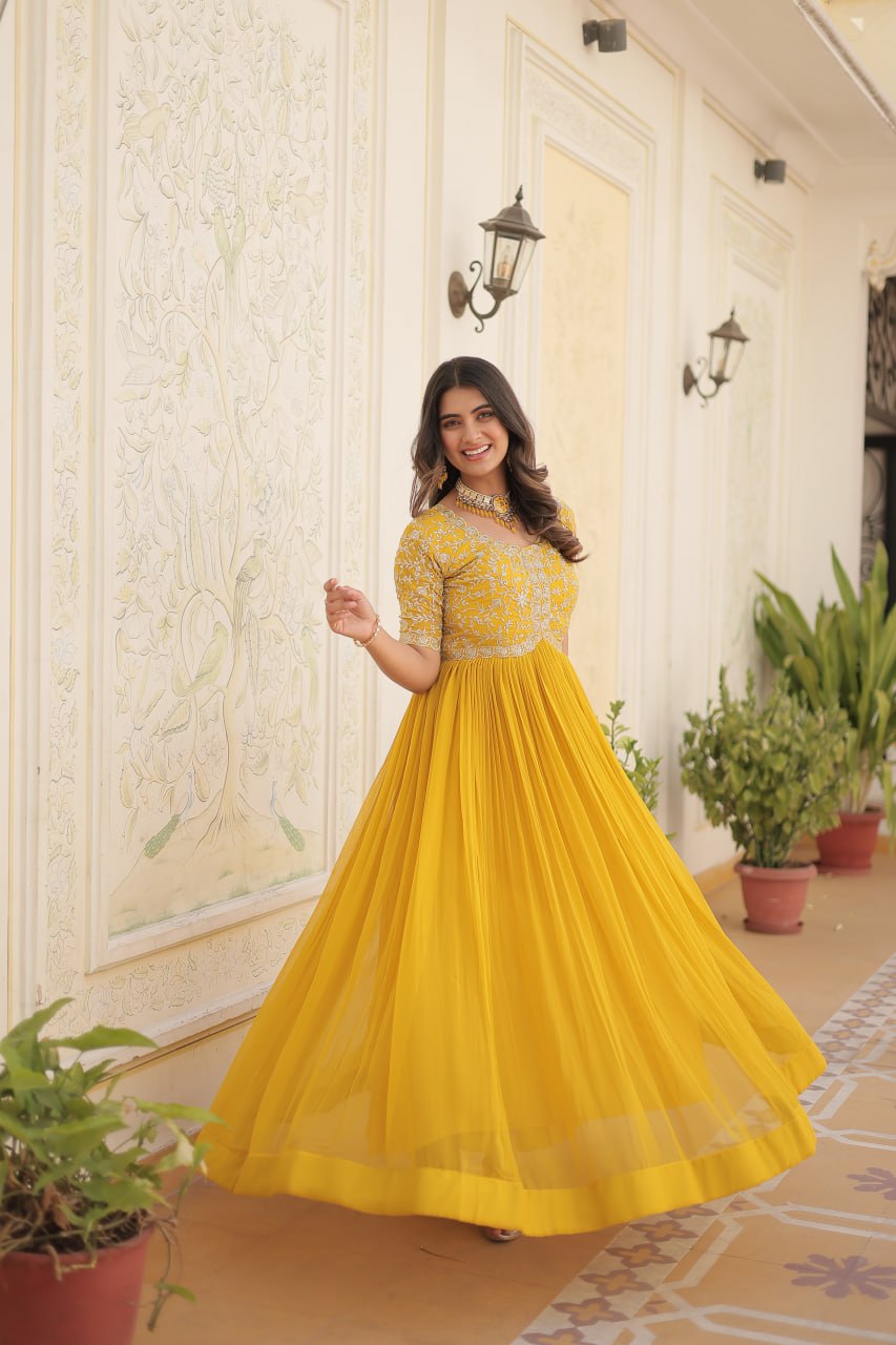 Embroidered Faux Blooming Gown – Zari & Sequin Work | Round Neck | Sizes M to XXL YNF