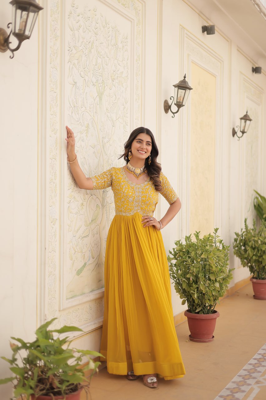Embroidered Faux Blooming Gown – Zari & Sequin Work | Round Neck | Sizes M to XXL YNF