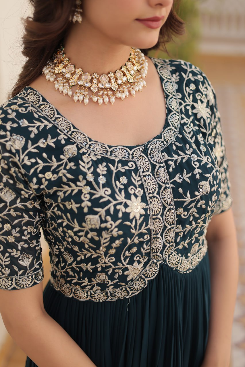 Embroidered Faux Blooming Gown – Zari & Sequin Work | Round Neck | Sizes M to XXL YNF