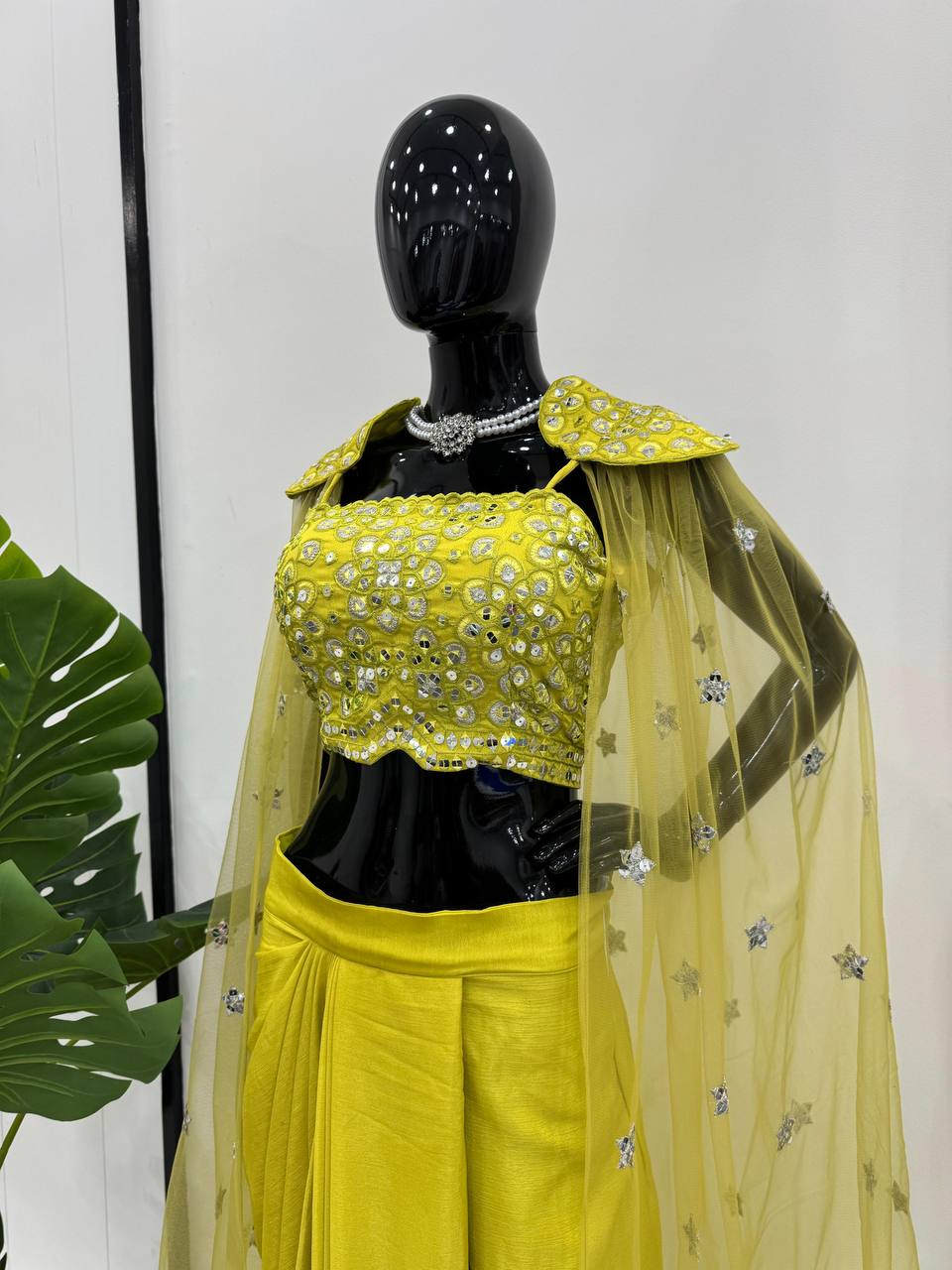 Chinon Silk Choli with Dhoti & Butterfly Net Shrug ā Thread & 9mm Sequin Work YNF
