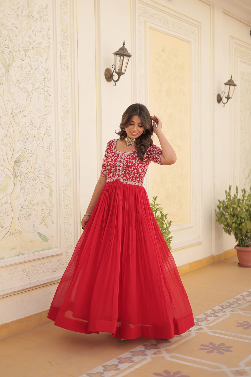 Embroidered Faux Blooming Gown – Zari & Sequin Work | Round Neck | Sizes M to XXL YNF