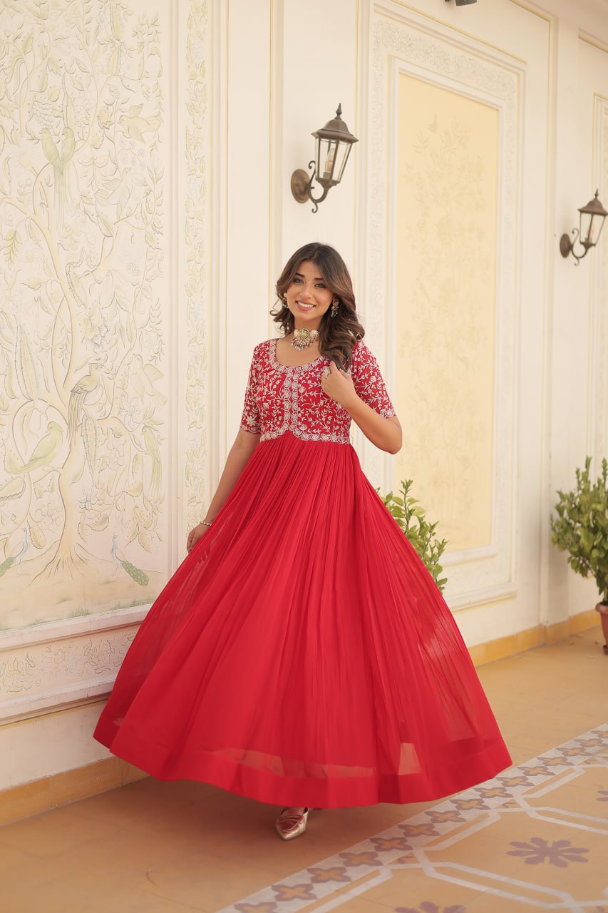Embroidered Faux Blooming Gown – Zari & Sequin Work | Round Neck | Sizes M to XXL YNF