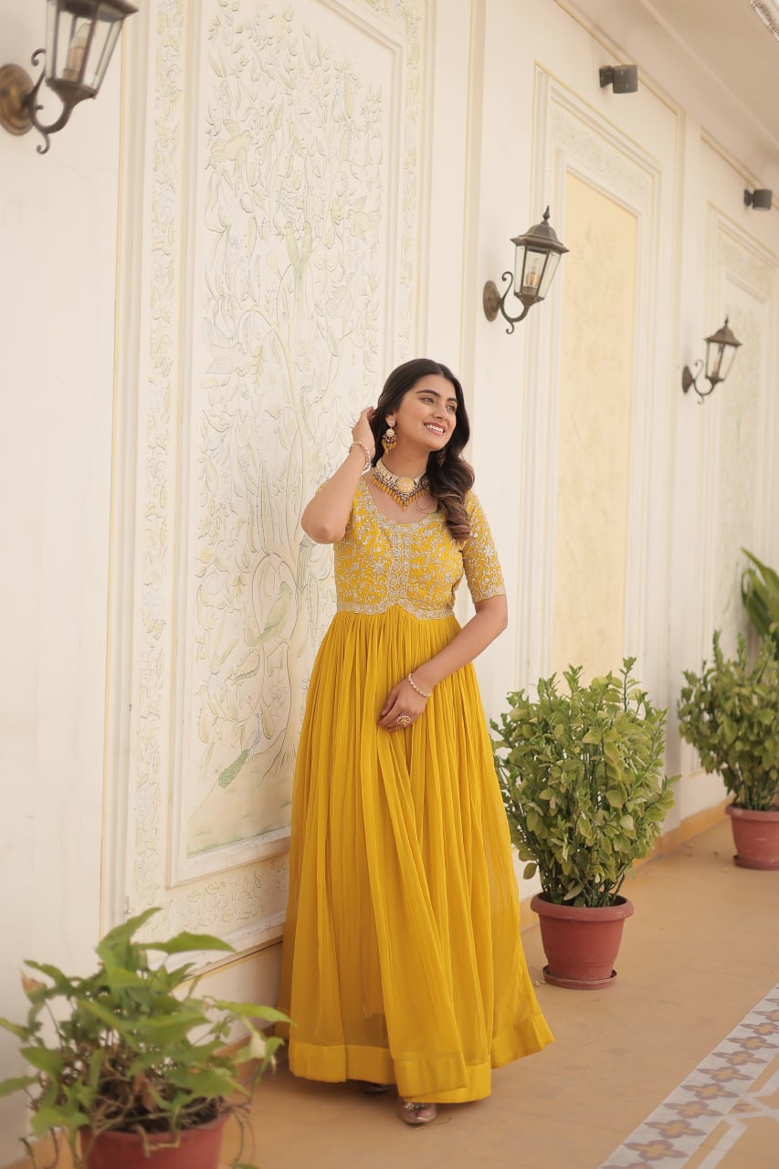 Embroidered Faux Blooming Gown – Zari & Sequin Work | Round Neck | Sizes M to XXL YNF