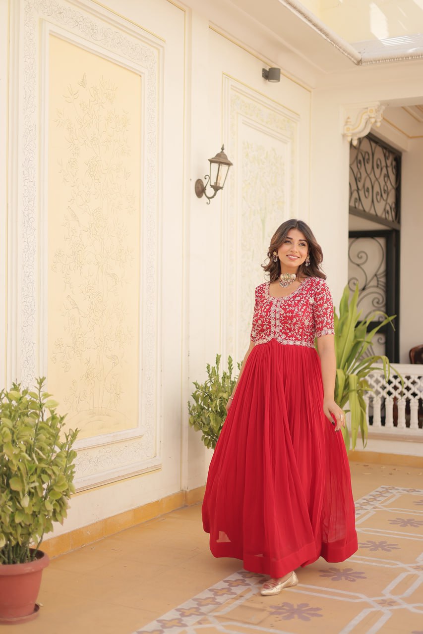 Embroidered Faux Blooming Gown – Zari & Sequin Work | Round Neck | Sizes M to XXL YNF