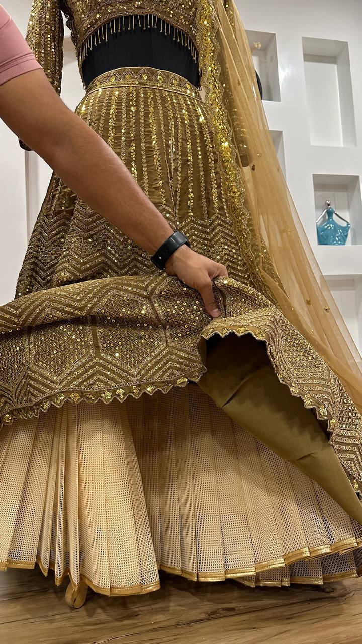 Kasturi Silk Georgette Lehenga Set with Sequins & Dori Work – 3 Piece Bridal Ensemble YNF