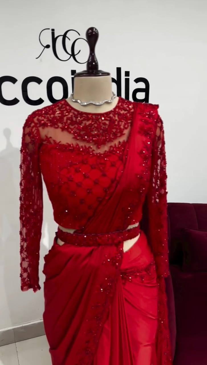 Tabby Silk Saree with Embroidery Sequins Work & Belt | Elegant & Stylish YNF