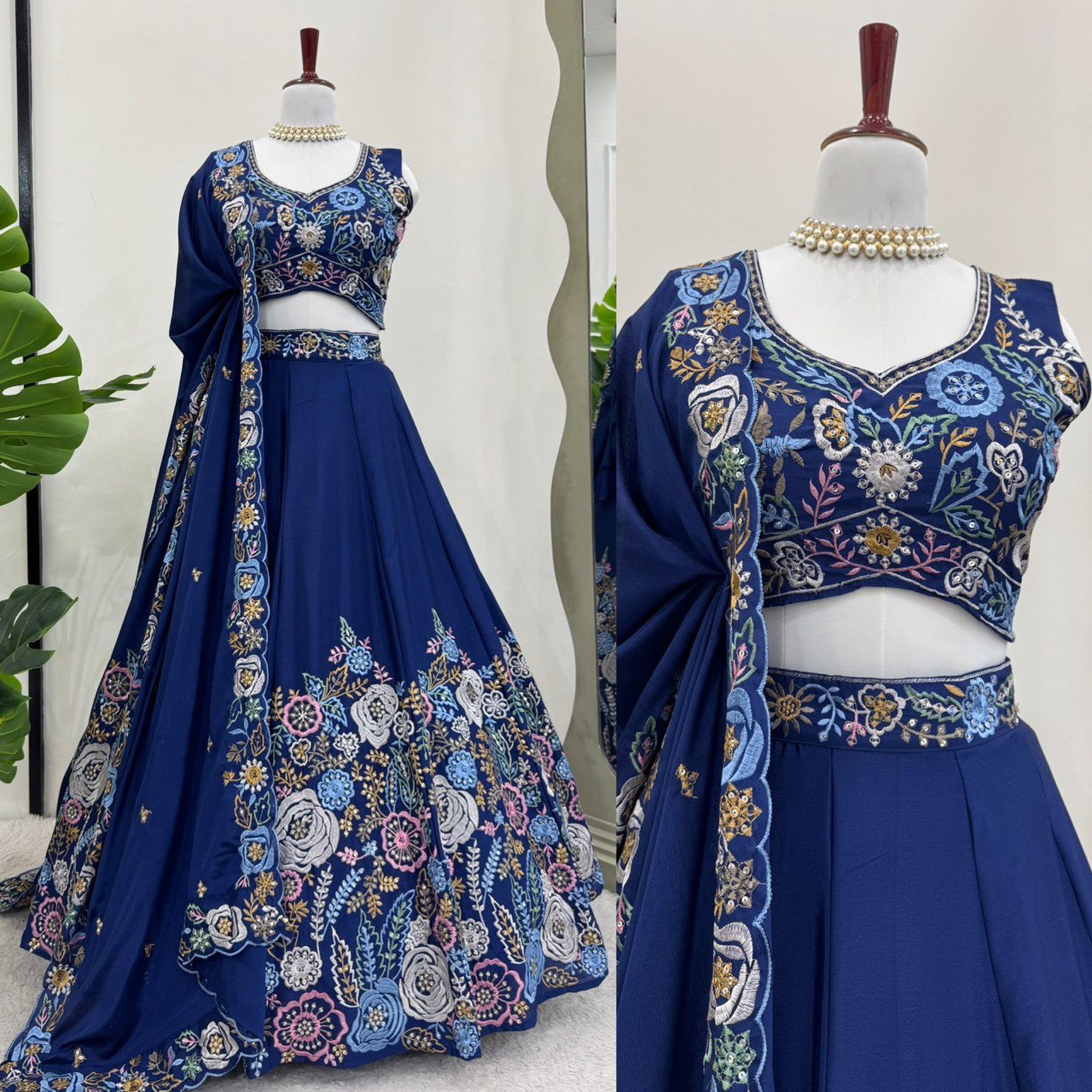 signer Heavy Chinon Silk Lehenga Set with Thread & Sequin Work | 4M Flare with Cancan | Unstitched Choli & Dupatta with Cutwork Border YNF