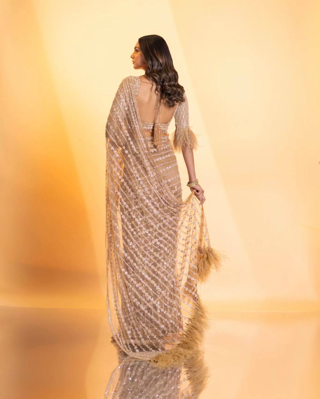 Designer Net Saree with Milky Rainbow Sequin & Thread Work, Satin Inner & Jhalar Border YNF
