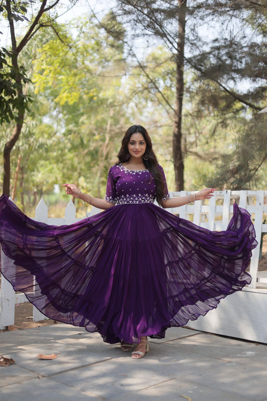 12-Meter Flair Faux Blooming Gown with Beads Embroidery β Round Neck | Sizes M to XXL YNF