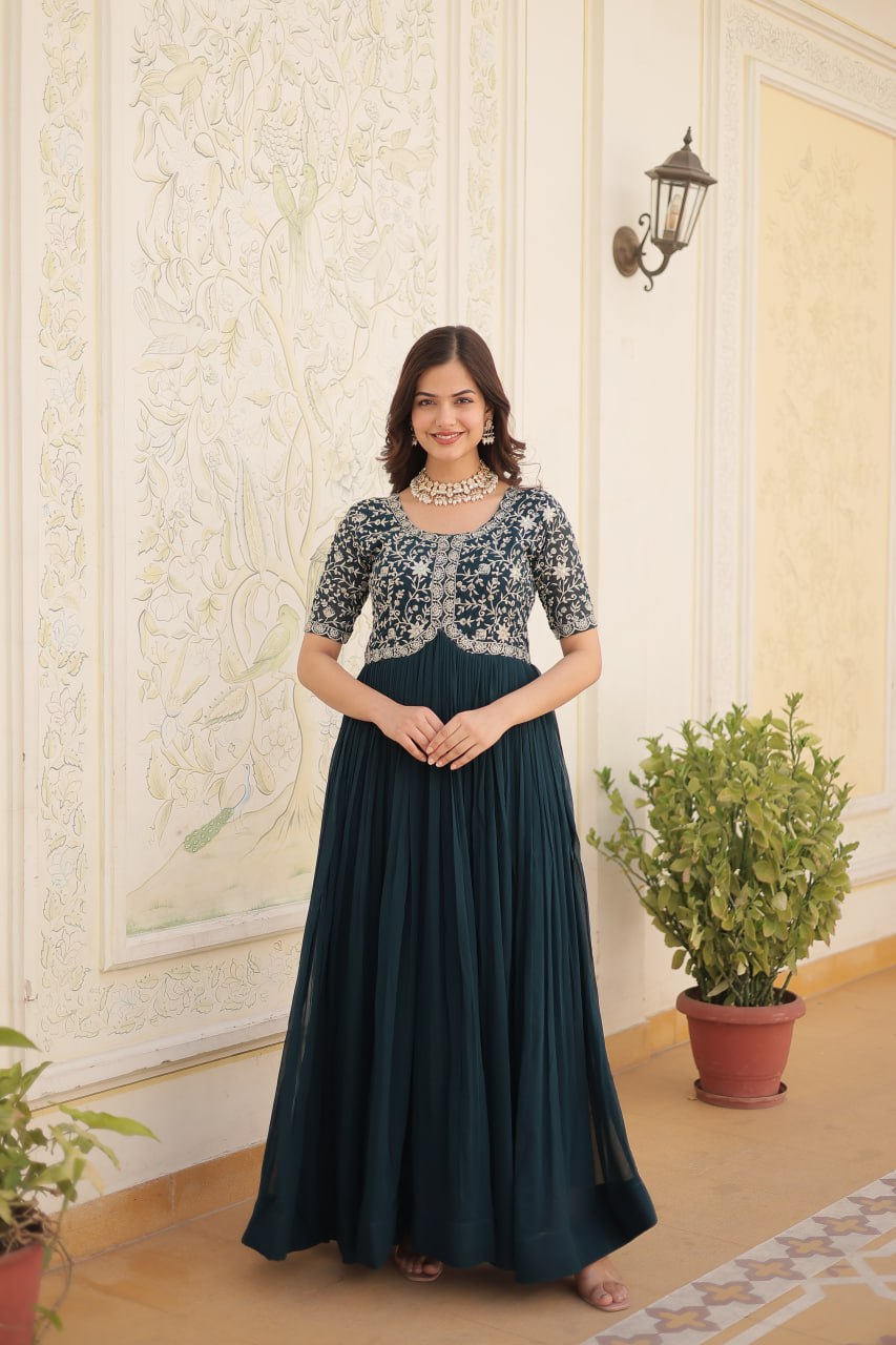 Embroidered Faux Blooming Gown – Zari & Sequin Work | Round Neck | Sizes M to XXL YNF
