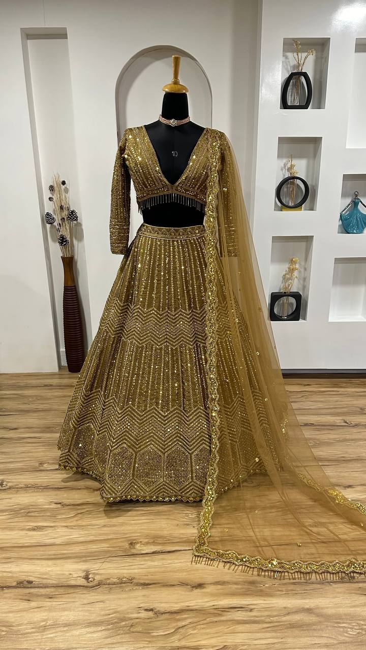 Kasturi Silk Georgette Lehenga Set with Sequins & Dori Work – 3 Piece Bridal Ensemble YNF