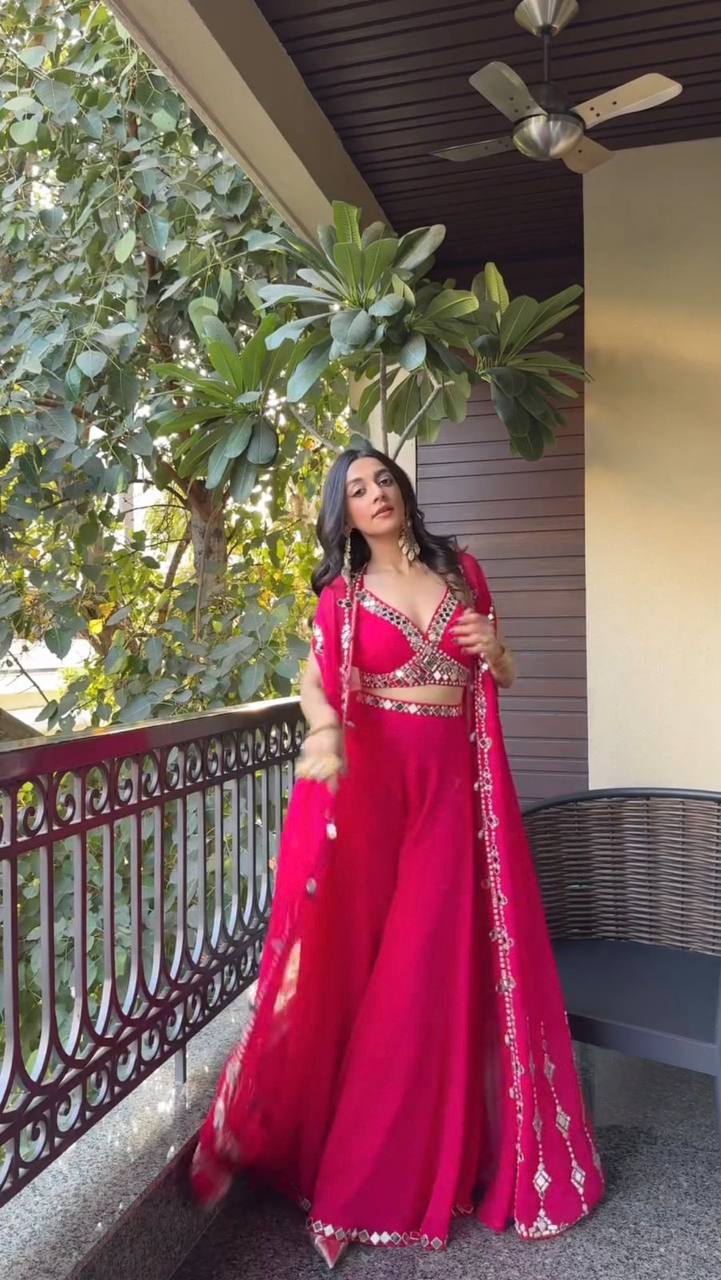 Designer Georgette 3-Piece Set with Mirror Work Shrug & Circular Plazzo | Elegant Ethnic Fusion Wear YNF