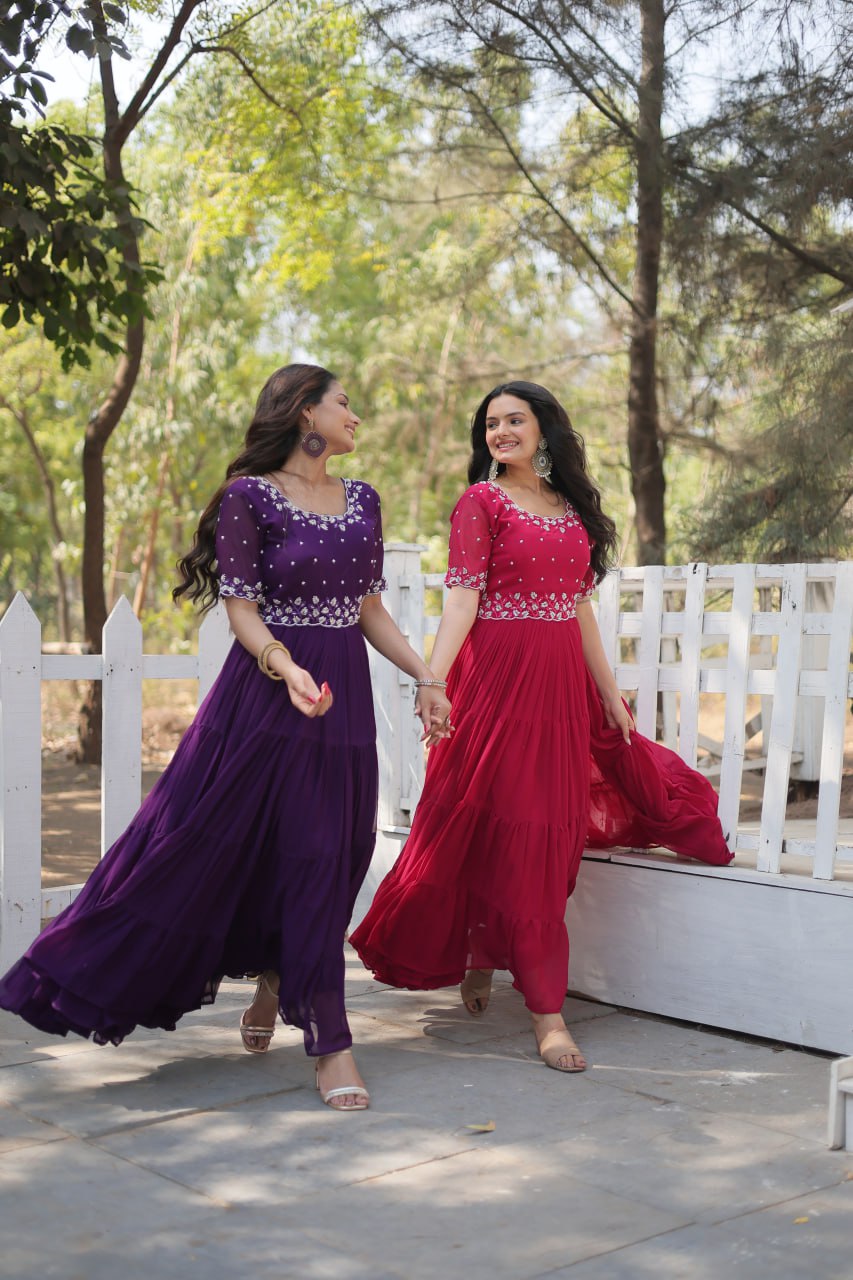 12-Meter Flair Faux Blooming Gown with Beads Embroidery β Round Neck | Sizes M to XXL YNF