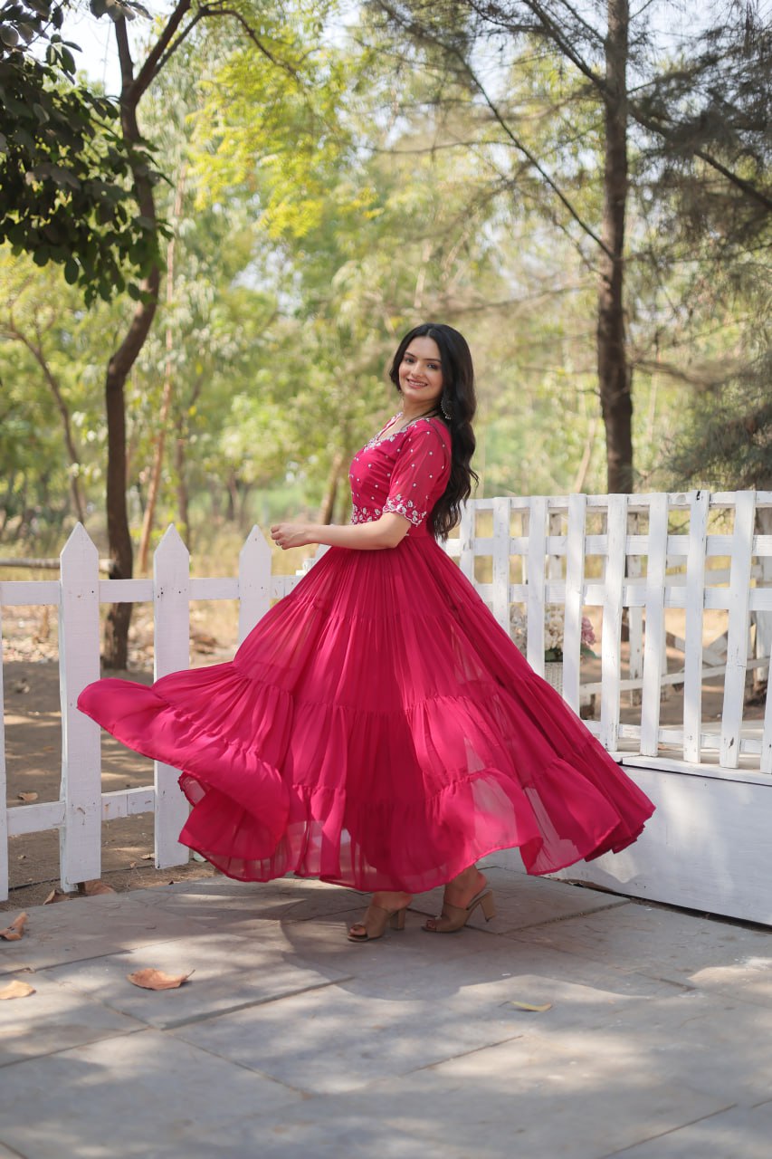 12-Meter Flair Faux Blooming Gown with Beads Embroidery β Round Neck | Sizes M to XXL YNF