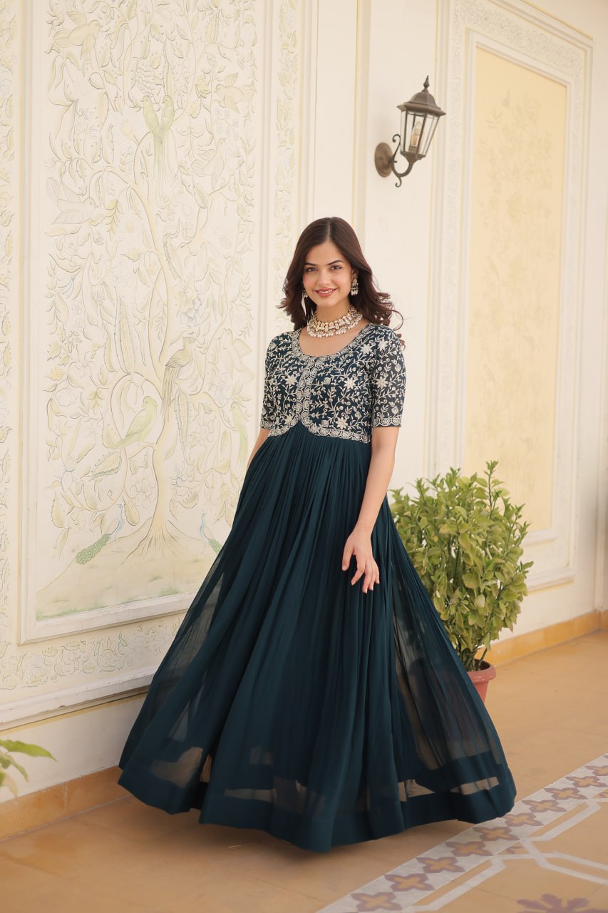 Embroidered Faux Blooming Gown – Zari & Sequin Work | Round Neck | Sizes M to XXL YNF