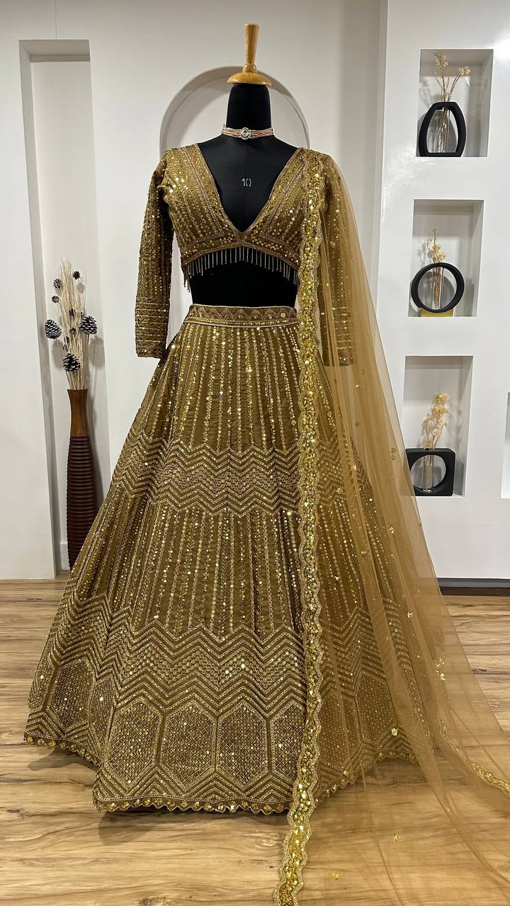 Kasturi Silk Georgette Lehenga Set with Sequins & Dori Work – 3 Piece Bridal Ensemble YNF
